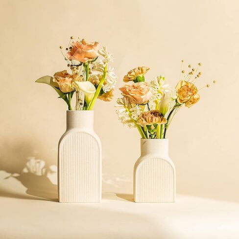 Home Habitat Nordic Vases - 2 Piece Set, Small and Large Ribbed Vase, Bottle Flower Planter Set. Ceramic for Decor. Neutral Decor, Coastal Decor Home, Centerpiece Table in Saudi Arabia