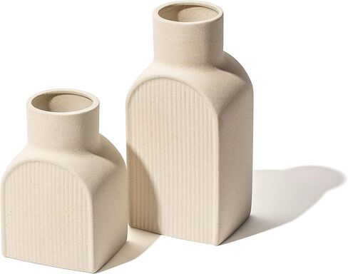 Home Habitat Nordic Vases - 2 Piece Set, Small and Large Ribbed Vase, Bottle Flower Planter Set. Ceramic for Decor. Neutral Decor, Coastal Decor Home, Centerpiece Table in Saudi Arabia