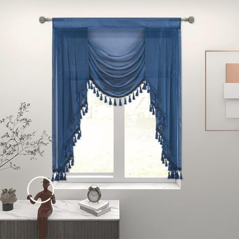 OYRING Waterfall Sheer Window Curtains Valance for Living Room - Tassels Swag Curtain Valance for Bedroom Rod Pocket Topper Curtains (Beige, W89 Inch) in Saudi Arabia