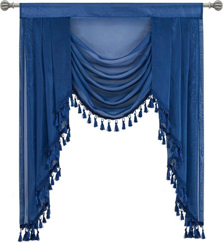 OYRING Waterfall Sheer Window Curtains Valance for Living Room - Tassels Swag Curtain Valance for Bedroom Rod Pocket Topper Curtains (Beige, W89 Inch) in Saudi Arabia