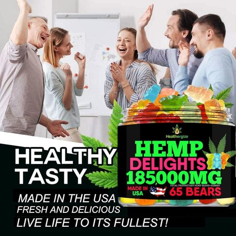Healthergize Hemp Gummies Bears Premium Hemp Gummy Bears، فواكه طازجة، صنع في الولايات المتحدة الأمريكية، علكات القنب الطبيعية، النوم، الظهر، الركبتين، العضلات، المفاصل - 65 دببة طازجة in Kuwait
