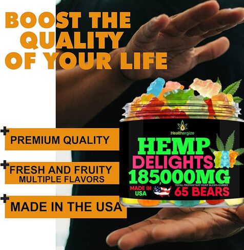 Healthergize Hemp Gummies Bears Premium Hemp Gummy Bears، فواكه طازجة، صنع في الولايات المتحدة الأمريكية، علكات القنب الطبيعية، النوم، الظهر، الركبتين، العضلات، المفاصل - 65 دببة طازجة in Kuwait