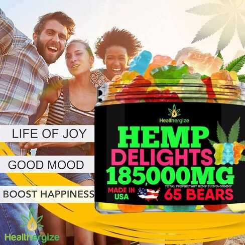 Healthergize Hemp Gummies Bears Premium Hemp Gummy Bears، فواكه طازجة، صنع في الولايات المتحدة الأمريكية، علكات القنب الطبيعية، النوم، الظهر، الركبتين، العضلات، المفاصل - 65 دببة طازجة in Kuwait