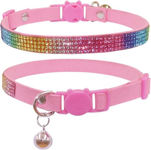 THAIN Bling cat Kitten Collar Rainbow Rhinestone Breakaway Diamond with Bell Soft Velvet Quick Release (Pink) in Kuwait