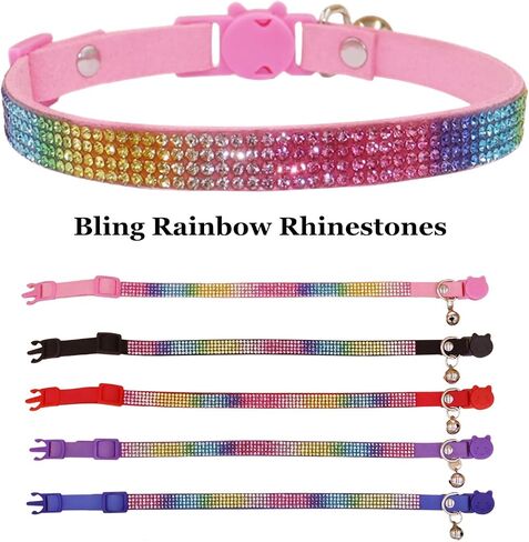 THAIN Bling cat Kitten Collar Rainbow Rhinestone Breakaway Diamond with Bell Soft Velvet Quick Release (Pink) in Kuwait