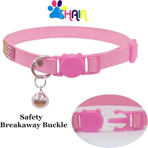 THAIN Bling cat Kitten Collar Rainbow Rhinestone Breakaway Diamond with Bell Soft Velvet Quick Release (Pink) in Kuwait