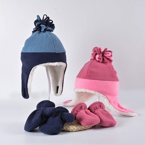 HADM 2Pcs Toddler Fleece Hat Winter Mittens Set Kids Cute Warm Earflap Caps Baby Soft Fleece Lined Hats for Boys Girls in Kuwait