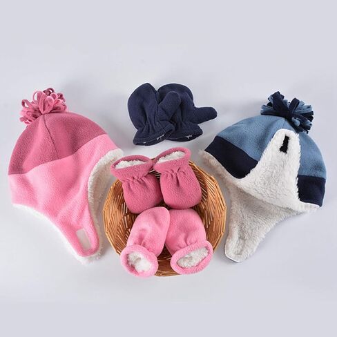 HADM 2Pcs Toddler Fleece Hat Winter Mittens Set Kids Cute Warm Earflap Caps Baby Soft Fleece Lined Hats for Boys Girls in Kuwait