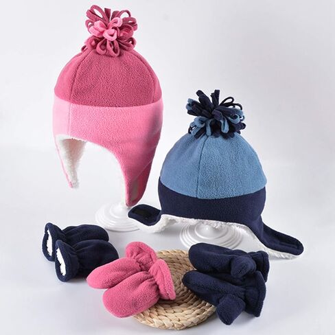 HADM 2Pcs Toddler Fleece Hat Winter Mittens Set Kids Cute Warm Earflap Caps Baby Soft Fleece Lined Hats for Boys Girls in Kuwait