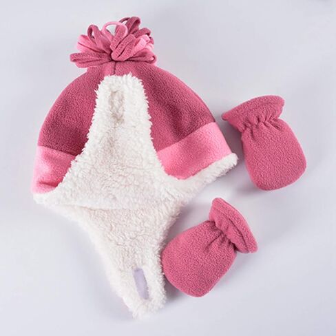 HADM 2Pcs Toddler Fleece Hat Winter Mittens Set Kids Cute Warm Earflap Caps Baby Soft Fleece Lined Hats for Boys Girls in Kuwait