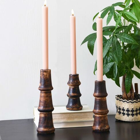 Main + Mesa Wood Stack Taper Candle Holders, Set of 3 in Saudi Arabia
