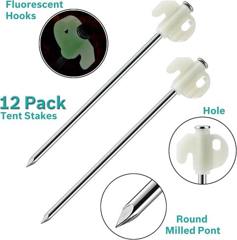 12 PCS Tent Stakes Heavy Duty 7.6 Inch Dark Tent Stakes Kit Includes Rope Adjuster Storage Bag and Hammer,Metal Stakes with 4 PCS Reflective Wind Ropes for Ground,Gardening and Canopy,Outdoor in Saudi Arabia