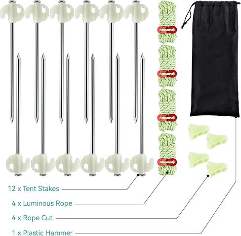 12 PCS Tent Stakes Heavy Duty 7.6 Inch Dark Tent Stakes Kit Includes Rope Adjuster Storage Bag and Hammer,Metal Stakes with 4 PCS Reflective Wind Ropes for Ground,Gardening and Canopy,Outdoor in Saudi Arabia