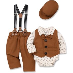FoWear Baby Boys Clothes Baby Gentleman Formal Dress Romper with Vest + Detachable Suspender Pants + Bowtie