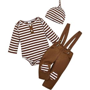 ملابس الأطفال الأولاد حديثي الولادة لفصل الخريف والشتاء ملابس للأولاد بأكمام طويلة مخططة رومبير وزرة وسراويل بحمالات ومجموعة ملابس وقبعة in Kuwait