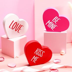 3 Pieces Valentine's Day Wooden Sign Conversation Heart Shape Home Decor Heart Shape Signs Candy Heart Tiered Tray Décor Farmhouse Sweetheart Heart Shape Table Blocks for Wedding(Lovely Style)