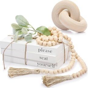 سوزدل كتب ديكور من الخشب الابيض بتصميم ريفي لديكور طاولة القهوة مع اكليل خرز خشبي مع شراشيب وجذع اذن وعقدة خشبية لتزيين رف المنزل in Kuwait