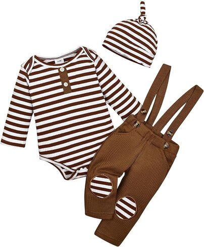 ملابس الأطفال الأولاد حديثي الولادة لفصل الخريف والشتاء ملابس للأولاد بأكمام طويلة مخططة رومبير وزرة وسراويل بحمالات ومجموعة ملابس وقبعة in Kuwait