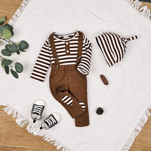 ملابس الأطفال الأولاد حديثي الولادة لفصل الخريف والشتاء ملابس للأولاد بأكمام طويلة مخططة رومبير وزرة وسراويل بحمالات ومجموعة ملابس وقبعة in Kuwait