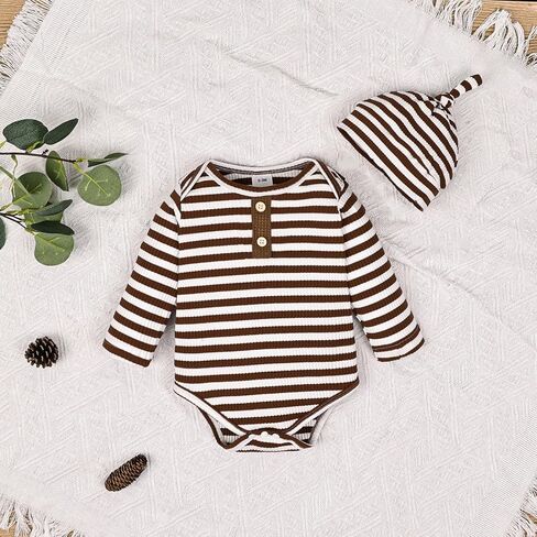 ملابس الأطفال الأولاد حديثي الولادة لفصل الخريف والشتاء ملابس للأولاد بأكمام طويلة مخططة رومبير وزرة وسراويل بحمالات ومجموعة ملابس وقبعة in Kuwait