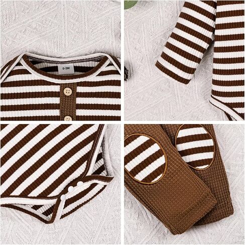 ملابس الأطفال الأولاد حديثي الولادة لفصل الخريف والشتاء ملابس للأولاد بأكمام طويلة مخططة رومبير وزرة وسراويل بحمالات ومجموعة ملابس وقبعة in Kuwait