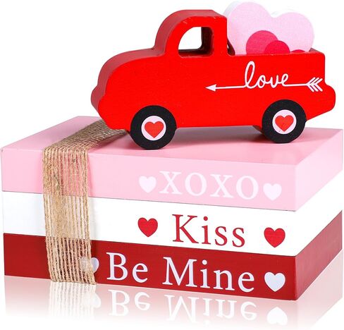 5 Pcs Valentine's Day Tiered Tray Decorations Wooden Book Stack Decor Valentine 3D Truck Sign Valentine's Day Table Decor Rustic Farmhouse Sign for Bookshelf Mantel Fireplace Home Coffee Table Decor in Kuwait