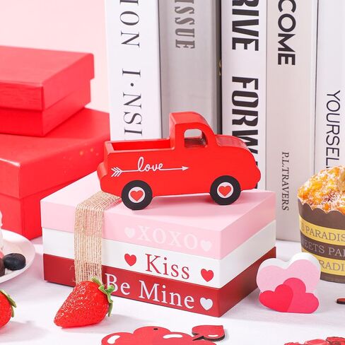 5 Pcs Valentine's Day Tiered Tray Decorations Wooden Book Stack Decor Valentine 3D Truck Sign Valentine's Day Table Decor Rustic Farmhouse Sign for Bookshelf Mantel Fireplace Home Coffee Table Decor in Kuwait