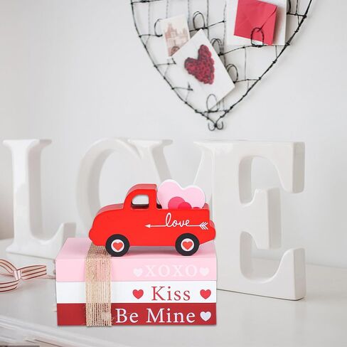 5 Pcs Valentine's Day Tiered Tray Decorations Wooden Book Stack Decor Valentine 3D Truck Sign Valentine's Day Table Decor Rustic Farmhouse Sign for Bookshelf Mantel Fireplace Home Coffee Table Decor in Kuwait