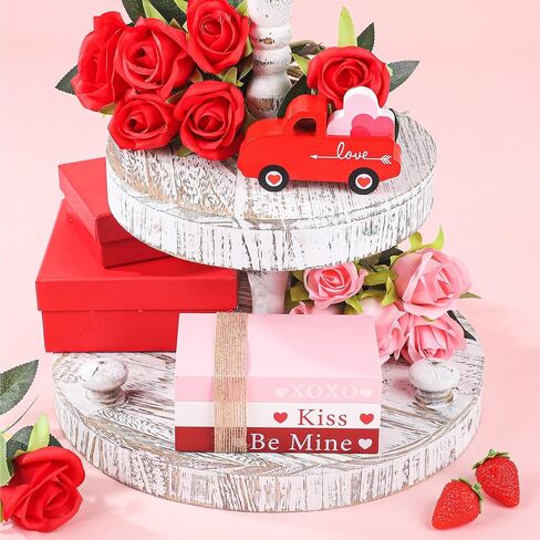 5 Pcs Valentine's Day Tiered Tray Decorations Wooden Book Stack Decor Valentine 3D Truck Sign Valentine's Day Table Decor Rustic Farmhouse Sign for Bookshelf Mantel Fireplace Home Coffee Table Decor in Kuwait
