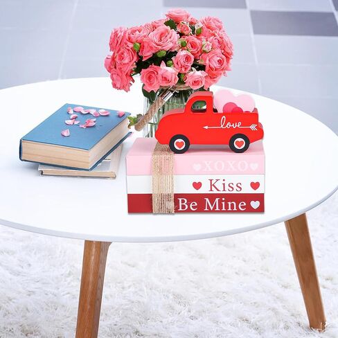 5 Pcs Valentine's Day Tiered Tray Decorations Wooden Book Stack Decor Valentine 3D Truck Sign Valentine's Day Table Decor Rustic Farmhouse Sign for Bookshelf Mantel Fireplace Home Coffee Table Decor in Kuwait