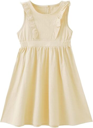 TIMOGG Toddler Baby Girl Cotton Linen Summer Ruffle Sleeveless Dress Decoration Back Button Down Kids Beach Dresses in Kuwait