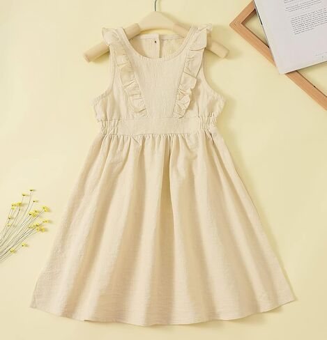 TIMOGG Toddler Baby Girl Cotton Linen Summer Ruffle Sleeveless Dress Decoration Back Button Down Kids Beach Dresses in Kuwait