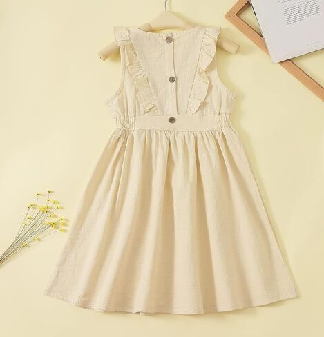 TIMOGG Toddler Baby Girl Cotton Linen Summer Ruffle Sleeveless Dress Decoration Back Button Down Kids Beach Dresses in Kuwait