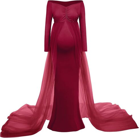 فستان حمل انيق للنساء الحوامل باكمام طويلة وقبة V وقصة ضيقة من الشيفون لالتقاط الصور in Kuwait