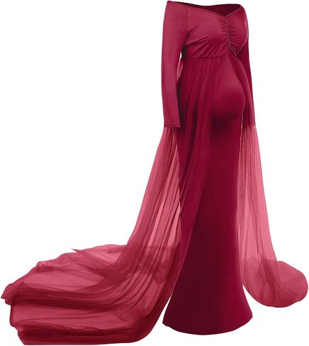 فستان حمل انيق للنساء الحوامل باكمام طويلة وقبة V وقصة ضيقة من الشيفون لالتقاط الصور in Kuwait