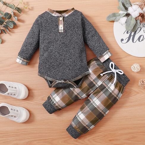 ملابس XFGLCK لحديثي الولادة للأولاد للخريف والشتاء بأكمام طويلة رومبير + مجموعة سراويل منقوشة بدلة رياضية in Kuwait