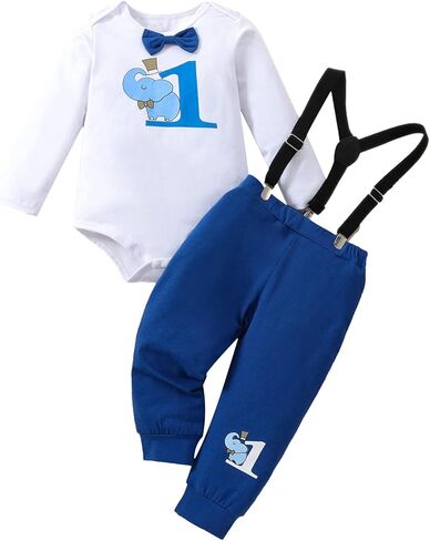 Baby Boy First Birthday Clothes Infant Bow Tie Romper Bodysuit Suspender Pant 3Pcs Gentleman Suit Cake Smash Outfits in Kuwait