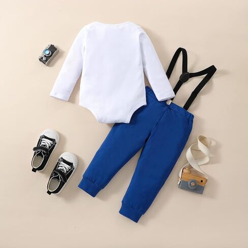 Baby Boy First Birthday Clothes Infant Bow Tie Romper Bodysuit Suspender Pant 3Pcs Gentleman Suit Cake Smash Outfits in Kuwait