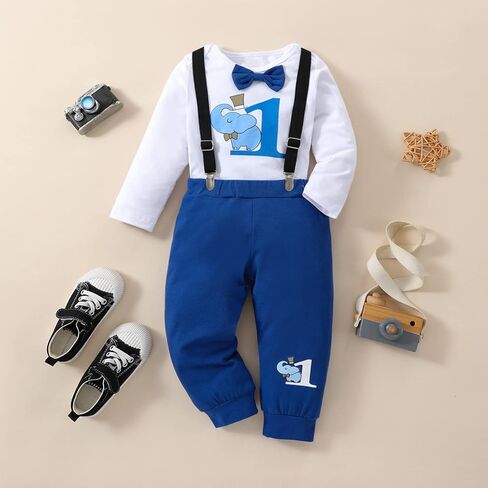 Baby Boy First Birthday Clothes Infant Bow Tie Romper Bodysuit Suspender Pant 3Pcs Gentleman Suit Cake Smash Outfits in Kuwait