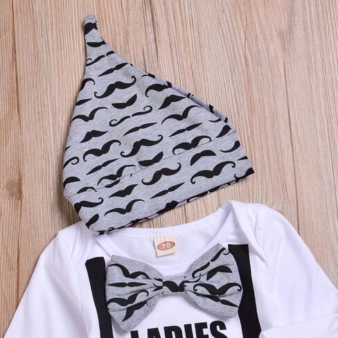 3 قطع الوليد بيبي بوي بنات بووتي خطابات رومبير البدلة + شارب طويل بانت + قبعة طفل Playsuit منامة in Kuwait