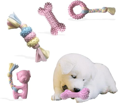 Puppy Toys for Teething, Dog Chew Toys for Small & Medium Breeds, Soothe Teething Pain, Lessens Anxiety, Durable, All-Natural Rubber and Cotton, 4-Pack (Blue) in Kuwait