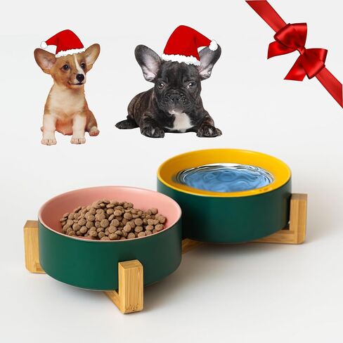 أوعية الكلاب المرتفعة من SunDog - وعاء عملي مرتفع للكلاب للطعام والماء - أوعية سيراميك لطيفة ومتينة للكلاب مع حامل خشبي - أوعية للكلاب والقطط الصغيرة سعة 13.5 أونصة (أزرق) in Kuwait