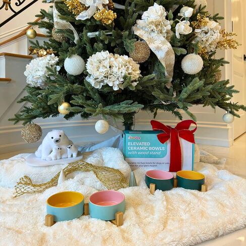 أوعية الكلاب المرتفعة من SunDog - وعاء عملي مرتفع للكلاب للطعام والماء - أوعية سيراميك لطيفة ومتينة للكلاب مع حامل خشبي - أوعية للكلاب والقطط الصغيرة سعة 13.5 أونصة (أزرق) in Kuwait