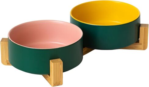 أوعية الكلاب المرتفعة من SunDog - وعاء عملي مرتفع للكلاب للطعام والماء - أوعية سيراميك لطيفة ومتينة للكلاب مع حامل خشبي - أوعية للكلاب والقطط الصغيرة سعة 13.5 أونصة (أزرق) in Kuwait