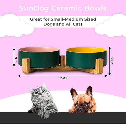 أوعية الكلاب المرتفعة من SunDog - وعاء عملي مرتفع للكلاب للطعام والماء - أوعية سيراميك لطيفة ومتينة للكلاب مع حامل خشبي - أوعية للكلاب والقطط الصغيرة سعة 13.5 أونصة (أزرق) in Kuwait