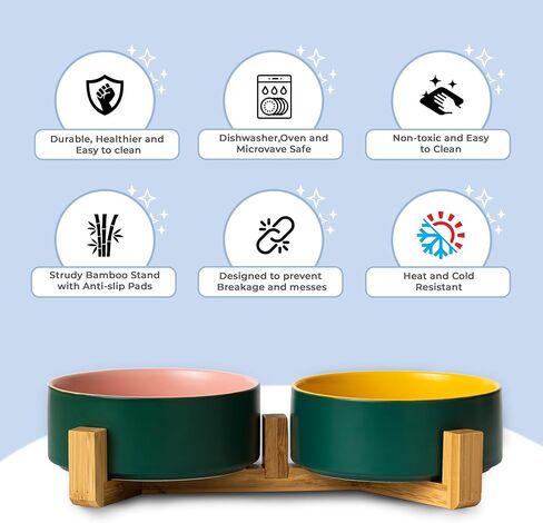 أوعية الكلاب المرتفعة من SunDog - وعاء عملي مرتفع للكلاب للطعام والماء - أوعية سيراميك لطيفة ومتينة للكلاب مع حامل خشبي - أوعية للكلاب والقطط الصغيرة سعة 13.5 أونصة (أزرق) in Kuwait