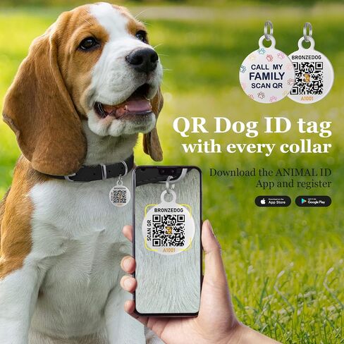 طوق كلب من الجلد الملفوف من BRONZEDOG للكلاب الصغيرة والمتوسطة والكبيرة مع علامة معرف QR (M: 14-16 بوصة، أسود لامع) in Saudi Arabia