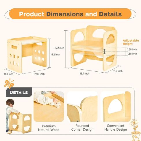 مجموعة طاولة وكرسي فطام مونتيسوري 2 في 1، مجموعة طاولة وكرسي خشبي للأطفال الصغار مع سبورات سوداء، مقعد بارتفاع قابل للتعديل، أثاث مونتيسوري للأطفال بعمر 1-3 سنوات للأولاد والبنات in Kuwait