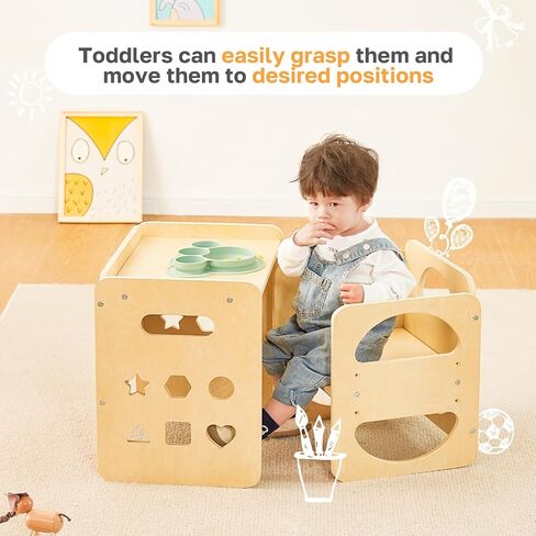 مجموعة طاولة وكرسي فطام مونتيسوري 2 في 1، مجموعة طاولة وكرسي خشبي للأطفال الصغار مع سبورات سوداء، مقعد بارتفاع قابل للتعديل، أثاث مونتيسوري للأطفال بعمر 1-3 سنوات للأولاد والبنات in Kuwait