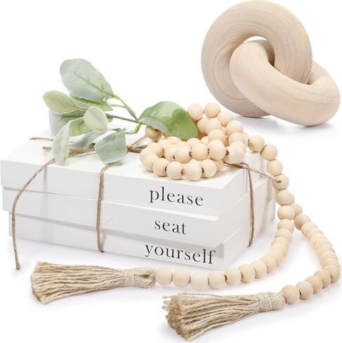 سوزدل كتب ديكور من الخشب الابيض بتصميم ريفي لديكور طاولة القهوة مع اكليل خرز خشبي مع شراشيب وجذع اذن وعقدة خشبية لتزيين رف المنزل in Kuwait